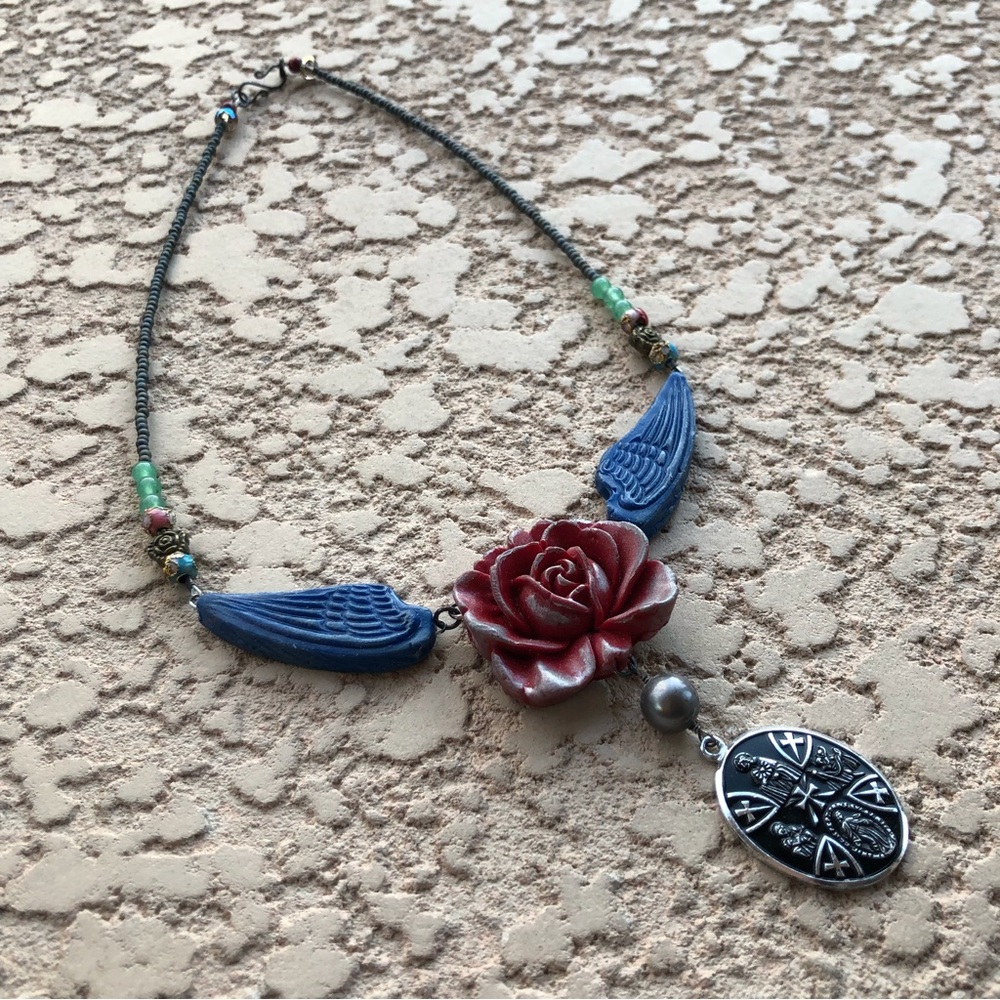 Flying Rose Necklace With Saint Medal Artisan